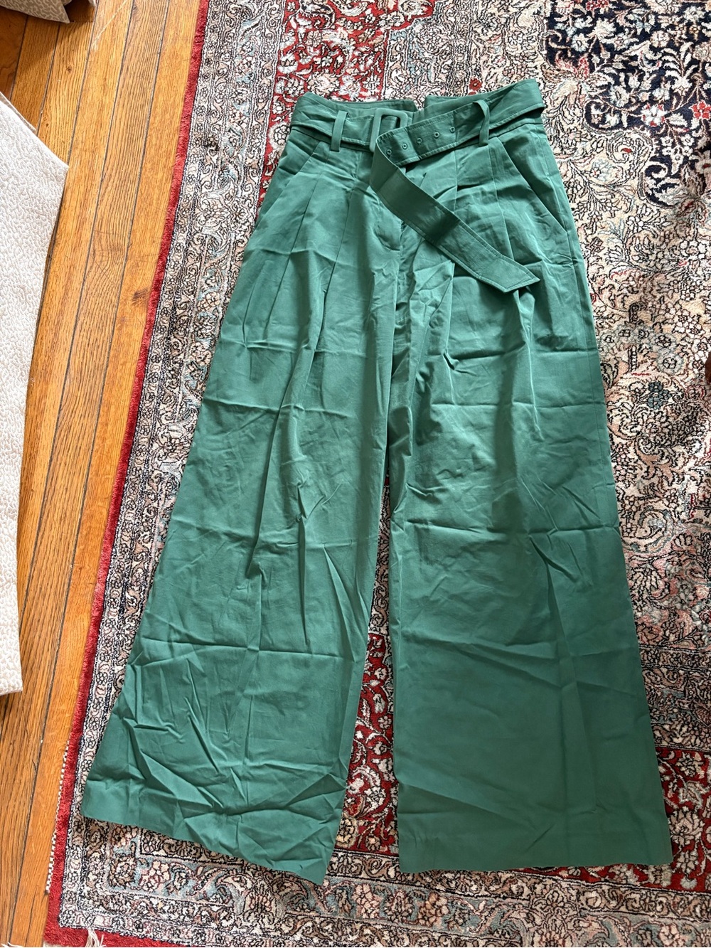 Veronica Beard Forest Green Wide-Leg Belted Trousers